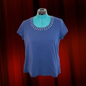 Dressbarn Blue Babydoll Tee with Rhinestone Collar, 2X